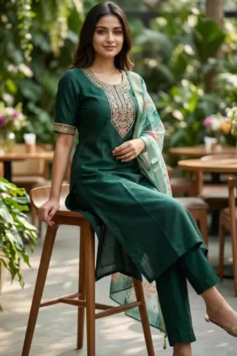 Green silk blend sequins kurta set