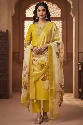 Yellow silk blend embroidered kurta set