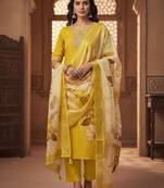 Yellow silk blend embroidered kurta set