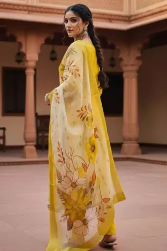 Yellow silk blend embroidered kurta set