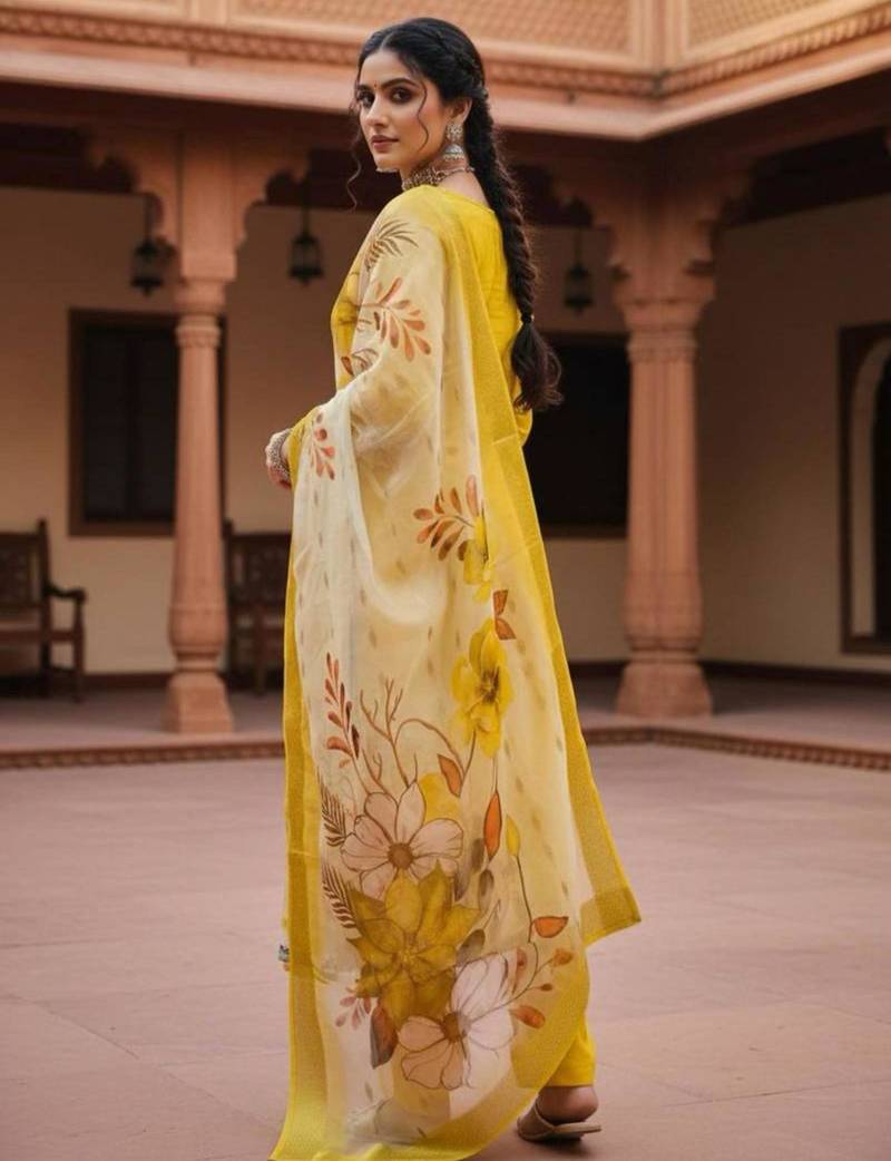 Yellow silk blend embroidered kurta set