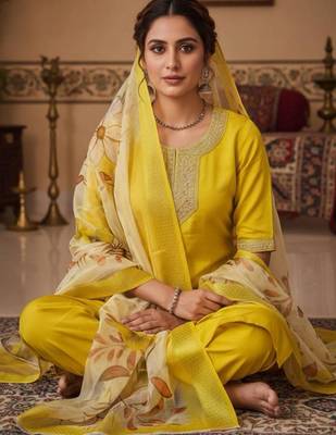 Yellow silk blend embroidered kurta set 3