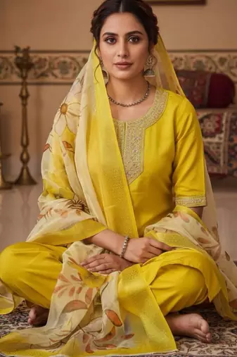 Yellow silk blend embroidered kurta set