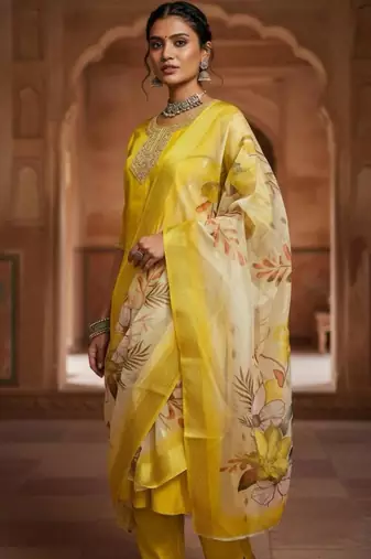 Yellow silk blend embroidered kurta set