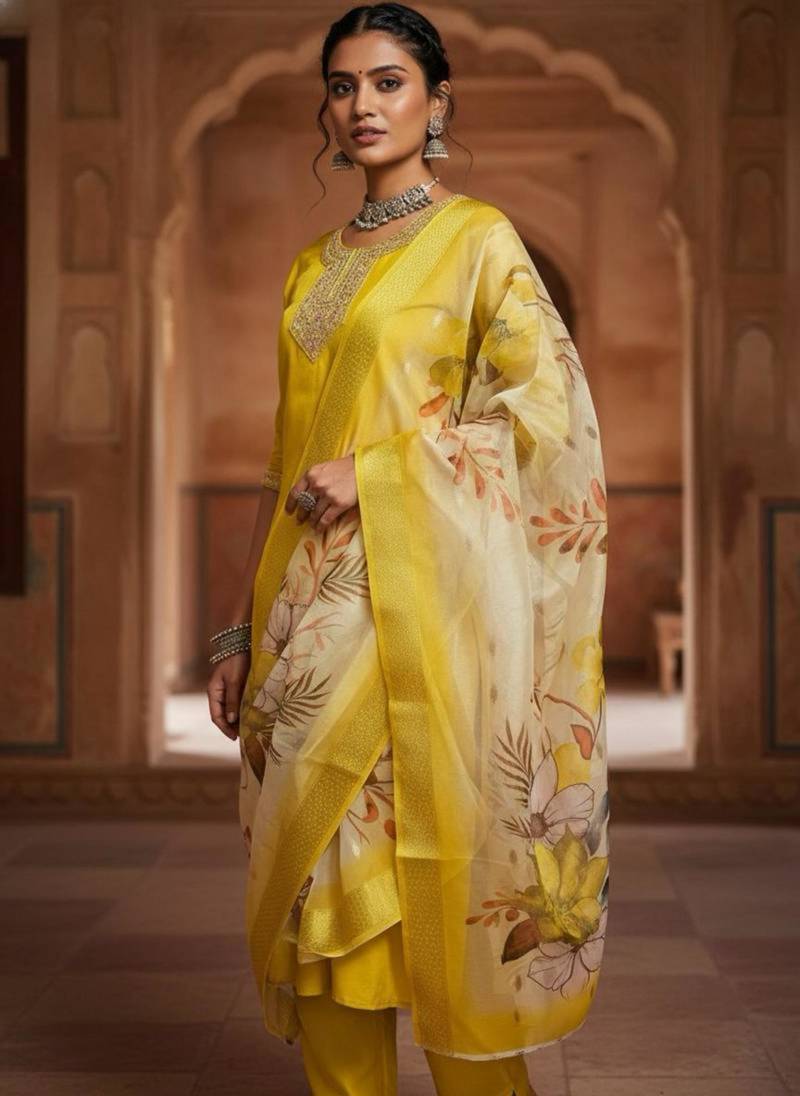 Yellow silk blend embroidered kurta set