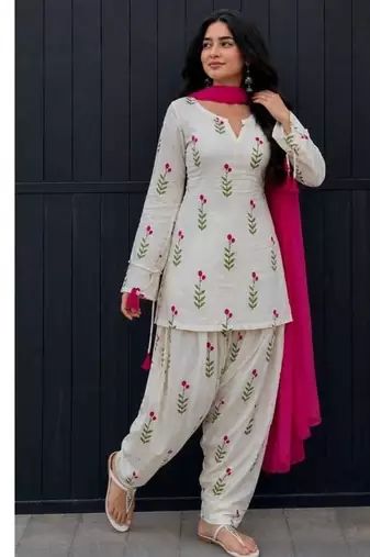 Cream cotton embroidered farshi salwar set
