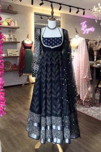 Black poly cotton embroidered flared gown set