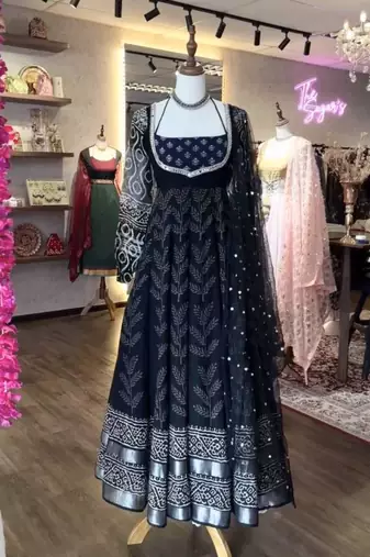 Black poly cotton embroidered flared gown set