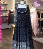 Black poly cotton embroidered flared gown set