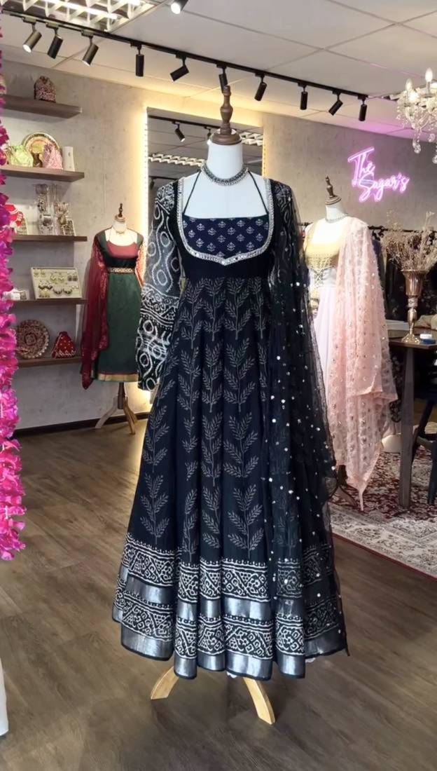 Black poly cotton embroidered flared gown set