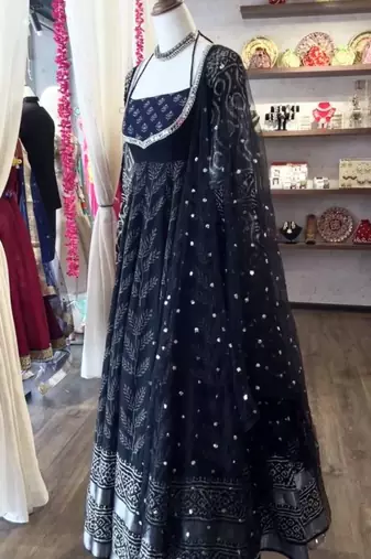 Black poly cotton embroidered flared gown set
