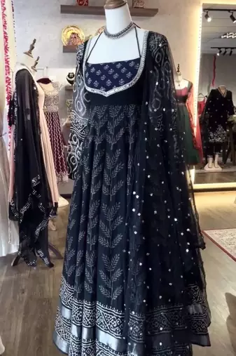 Black poly cotton embroidered flared gown set