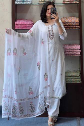 White organza embroidered kurta set