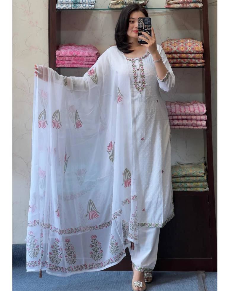 White organza embroidered kurta set