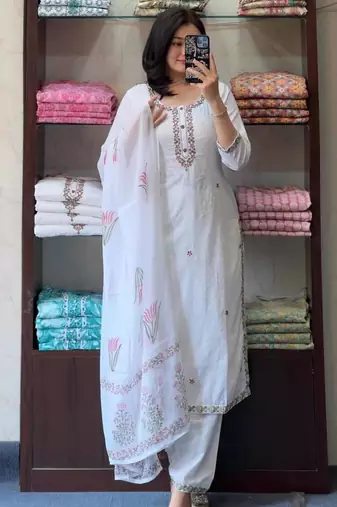 White organza embroidered kurta set