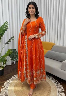 Dark-orange silk blend embroidered anarkali set 1