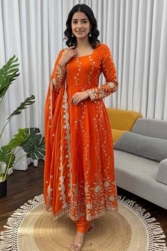 Dark-orange silk blend embroidered anarkali set