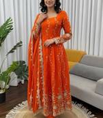 Dark-orange silk blend embroidered anarkali set