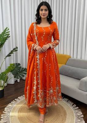 Dark-orange silk blend embroidered anarkali set 2