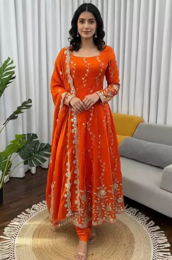 Dark-orange silk blend embroidered anarkali set