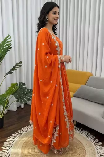 Dark-orange silk blend embroidered anarkali set