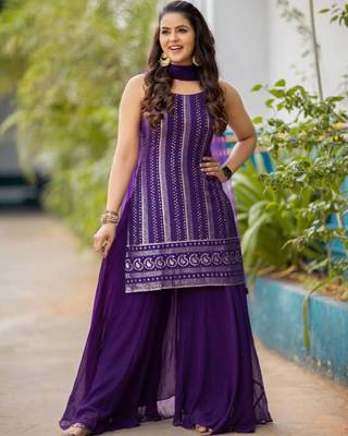 Purple faux georgette embroidered palazzo set 1