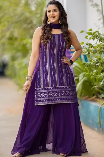 Purple faux georgette embroidered palazzo set
