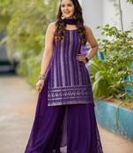 Purple faux georgette embroidered palazzo set