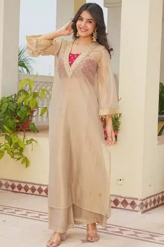 Beige silk blend embroidered palazzo set