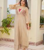 Beige silk blend embroidered palazzo set