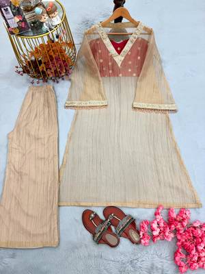 Beige silk blend embroidered palazzo set 2
