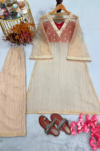 Beige silk blend embroidered palazzo set