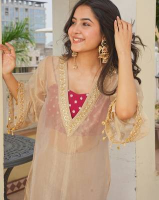 Beige silk blend embroidered palazzo set 3
