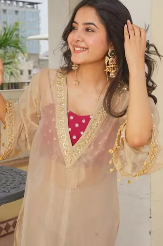 Beige silk blend embroidered palazzo set