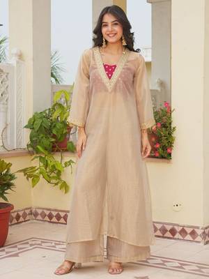 Beige silk blend embroidered palazzo set 4