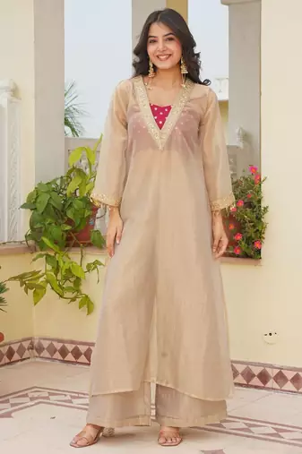 Beige silk blend embroidered palazzo set