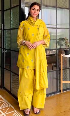 Dark-yellow chanderi embroidered palazzo set 2