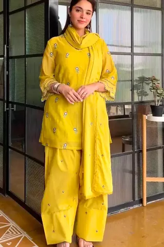 Dark-yellow chanderi embroidered palazzo set