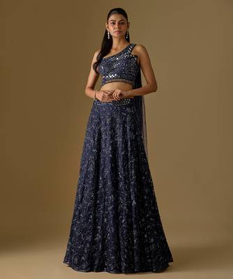 Navy Blue Embroidered Satin Tulle Lehenga Set 1