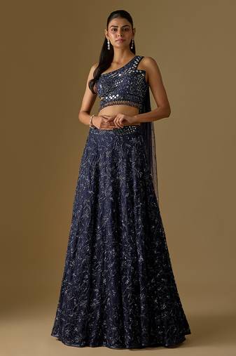 Navy Blue Embroidered Satin Tulle Lehenga Set
