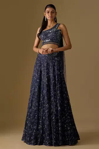 Navy Blue Embroidered Satin Tulle Lehenga Set