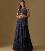 Navy Blue Embroidered Satin Tulle Lehenga Set