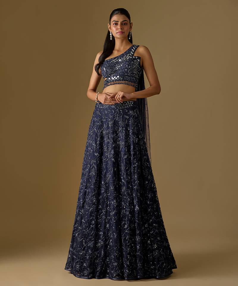 Navy Blue Embroidered Satin Tulle Lehenga Set