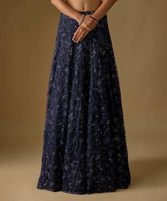Navy Blue Embroidered Satin Tulle Lehenga Set 2