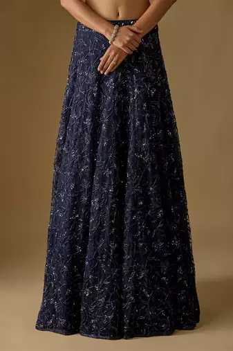 Navy Blue Embroidered Satin Tulle Lehenga Set
