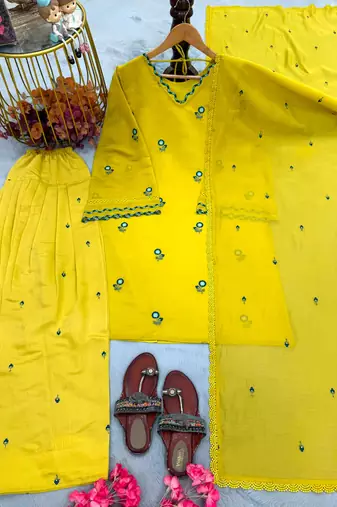 Dark-yellow chanderi embroidered palazzo set
