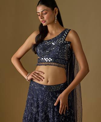 Navy Blue Embroidered Satin Tulle Lehenga Set 3