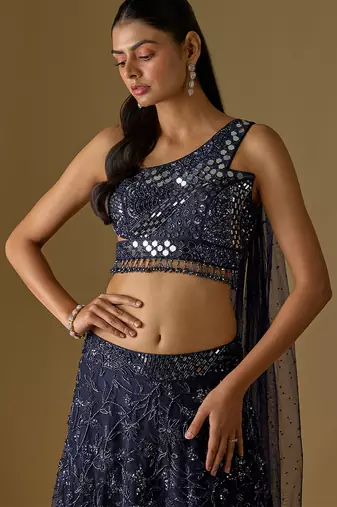 Navy Blue Embroidered Satin Tulle Lehenga Set