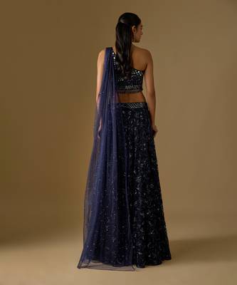 Navy Blue Embroidered Satin Tulle Lehenga Set 4