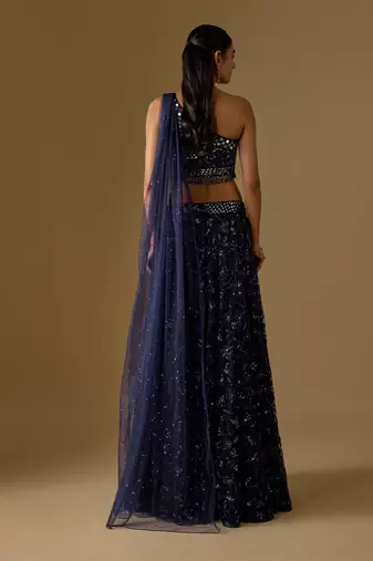Navy Blue Embroidered Satin Tulle Lehenga Set